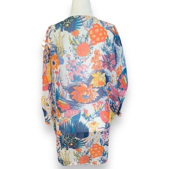 Kimono Swim Coverup Sheer Colorful White Blue Floral Print Open Front Small - Picture 3 of 10